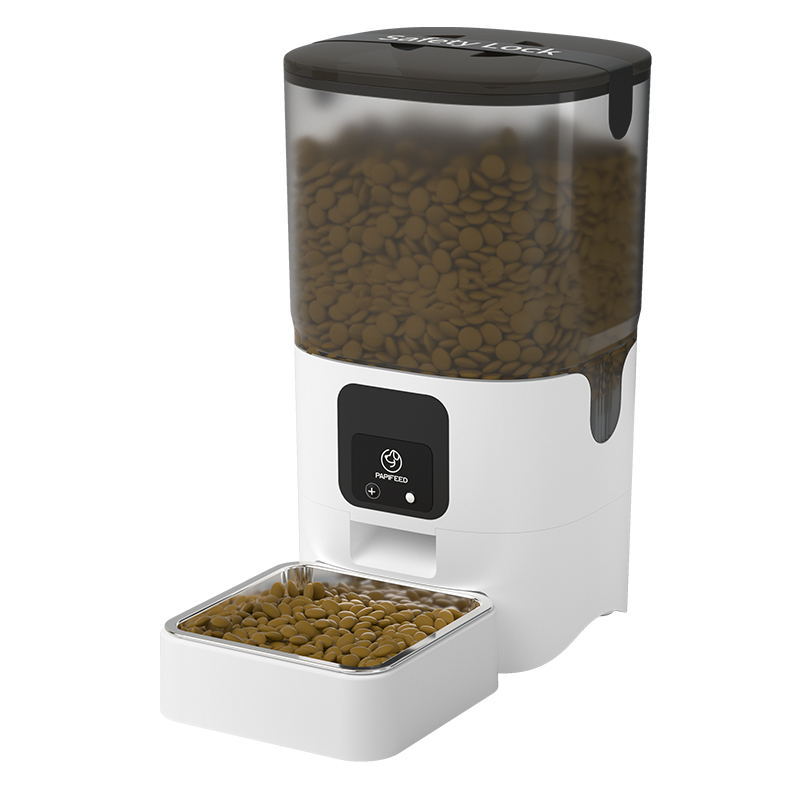 Pet food dispenser with food inside on a white background